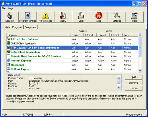AlertWall Personal Firewall Screenshot